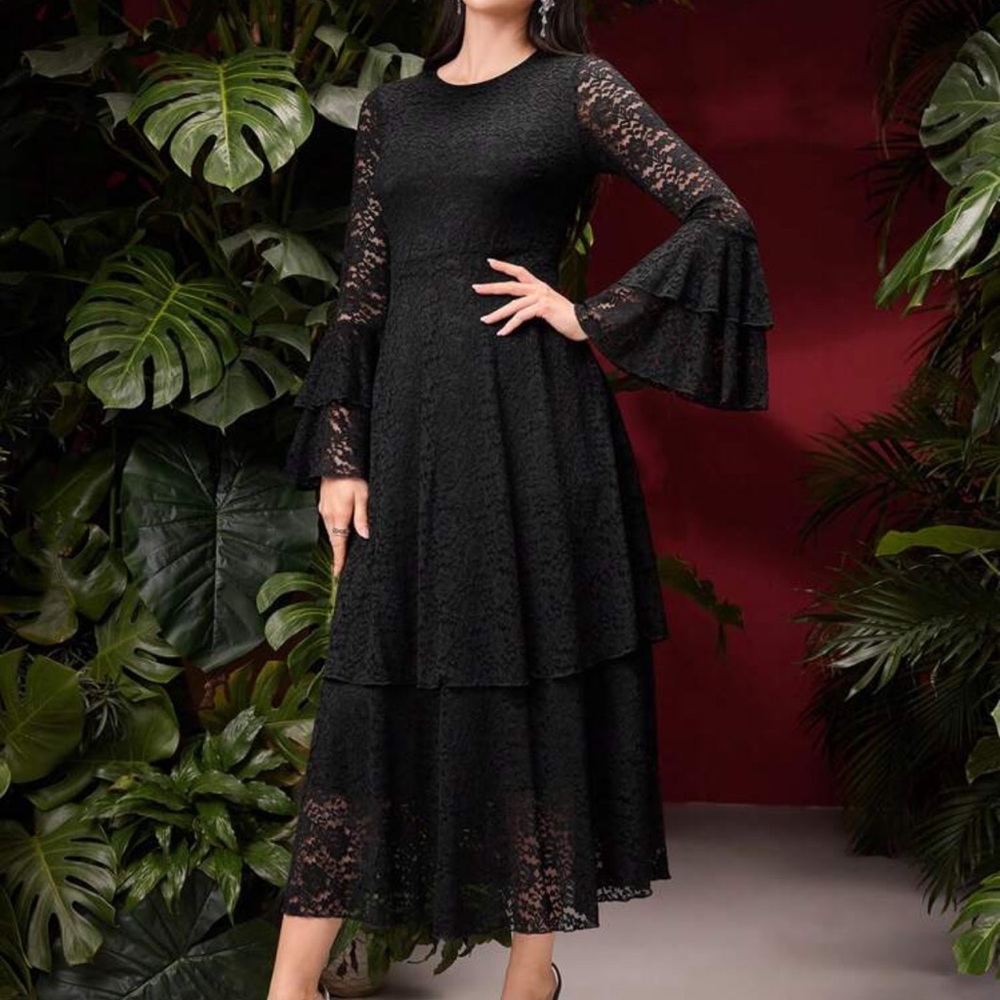 Black Lace Ruffle Dress - Picture 2 of 6